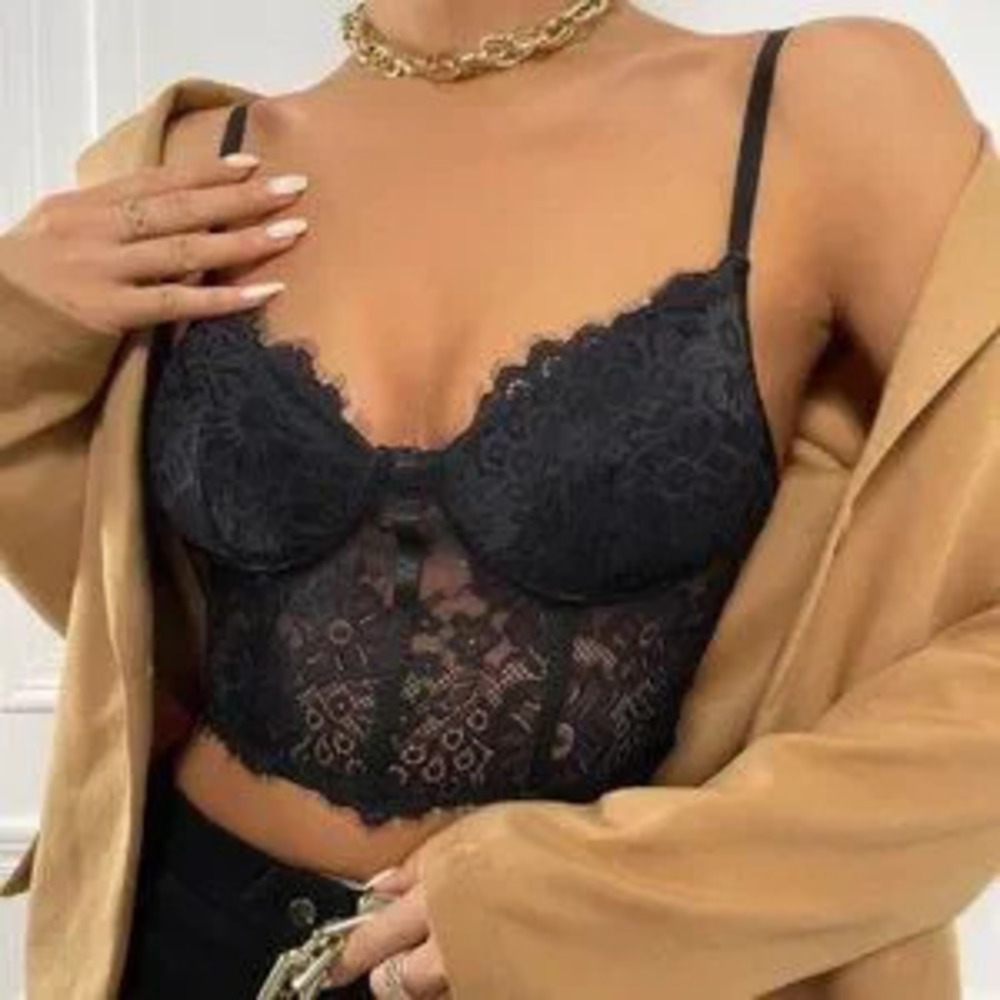 Contemporary Floral Lace Cropped Sexy Corset Cami Top black